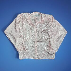 Ninon Vintage 80s Pink Floral Print Button Up Shirt Dolman Sleeve Women's Size 7